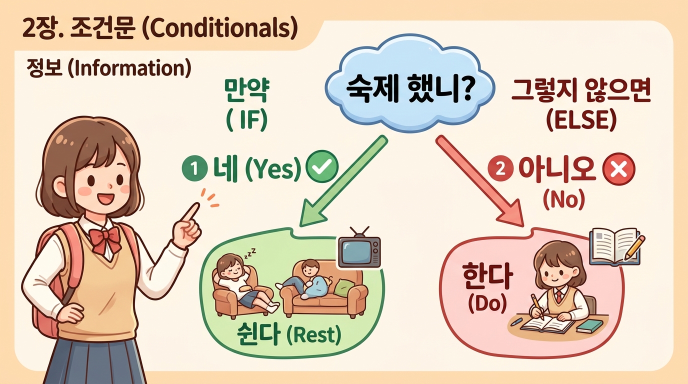 Decision tree with if and else branches, simple icons, beginner friendly