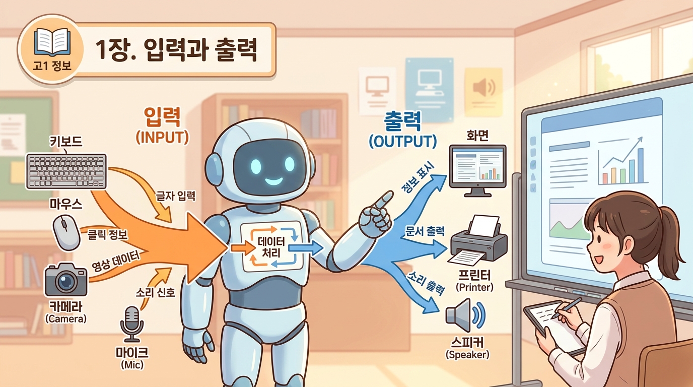 Friendly classroom robot showing input and output arrows with short labels